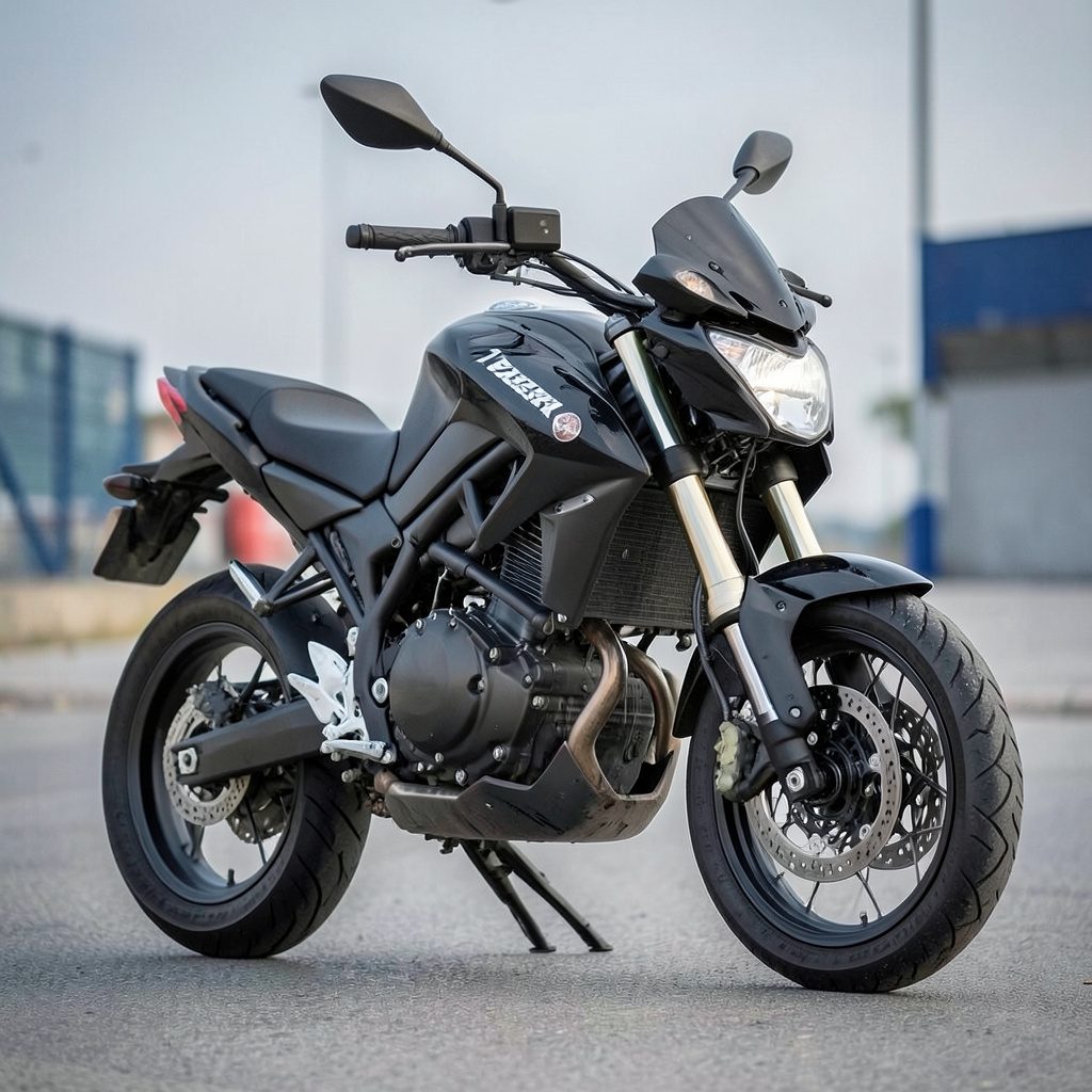Kawasaki Vulcan S 650cc ABS berwarna hitam mengilap dipamerkan di showroom dengan pencahayaan hangat