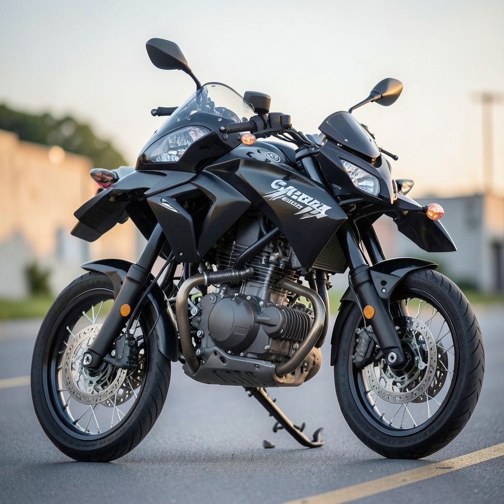 Motor Kawasaki Vulcan S 650cc ABS berwarna gelap metalik diparkir di jalan aspal dengan latar suasana perkotaan senja