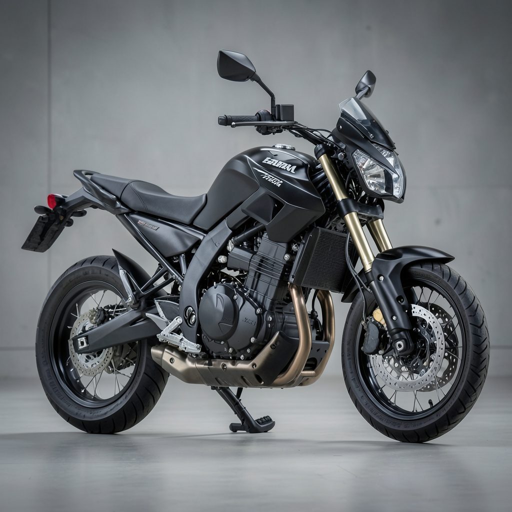Motor gede Kawasaki Vulcan S hasil modifikasi dengan aksen krom dan cat kustom, tampak gagah di bawah cahaya studio